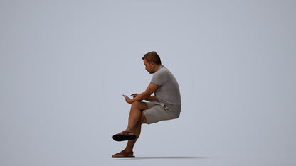 3D people model man casual sitting, scanned human for 3ds Max rendering, three-quarter view render