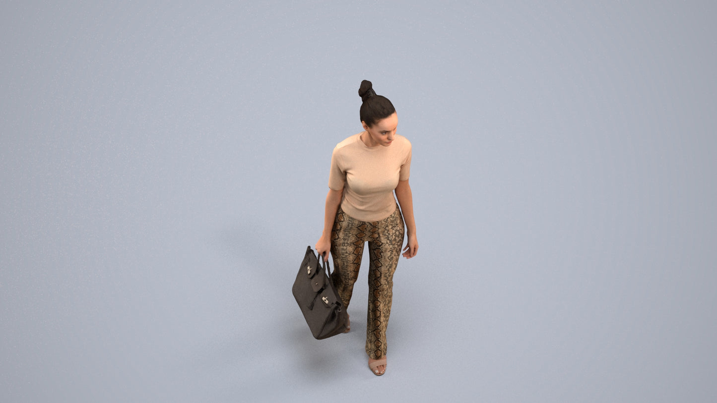 realistic 3D human woman casual walking, archviz people FBX OBJ for Blender, back view render
