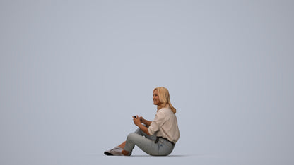 3D human model woman casual sitting, photogrammetry scanned person for archviz, top-down view render