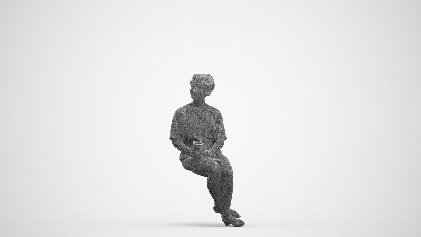3D human model woman casual sitting, photogrammetry scanned person for archviz, three-quarter front view render