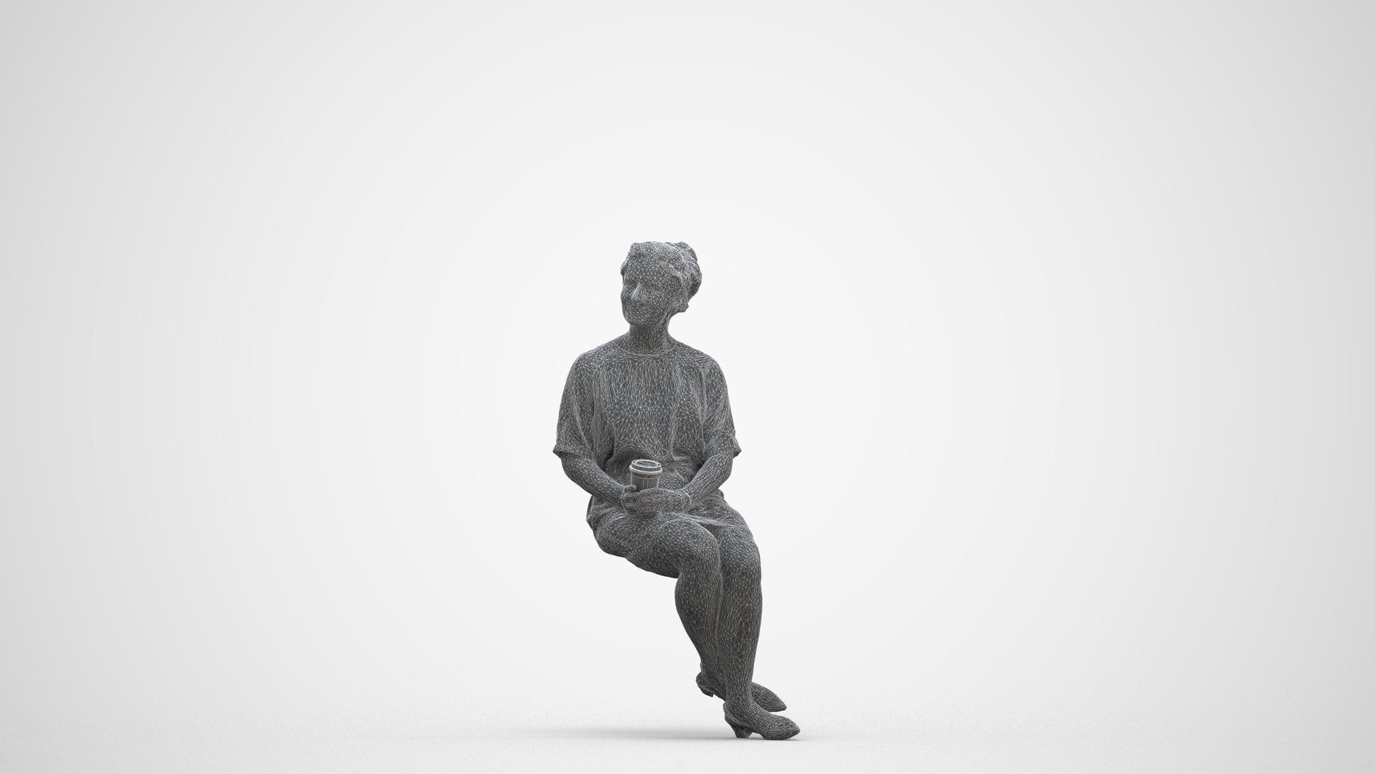 3D human model woman casual sitting, photogrammetry scanned person for archviz, three-quarter front view render