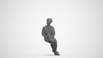 3D human model woman casual sitting, photogrammetry scanned person for archviz, three-quarter front view render