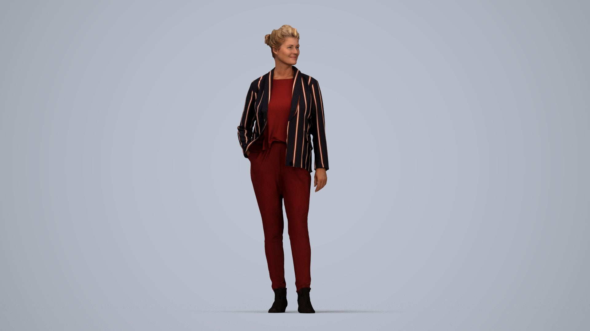 3D people model woman business standing, scanned human for 3ds Max rendering, top-down view render