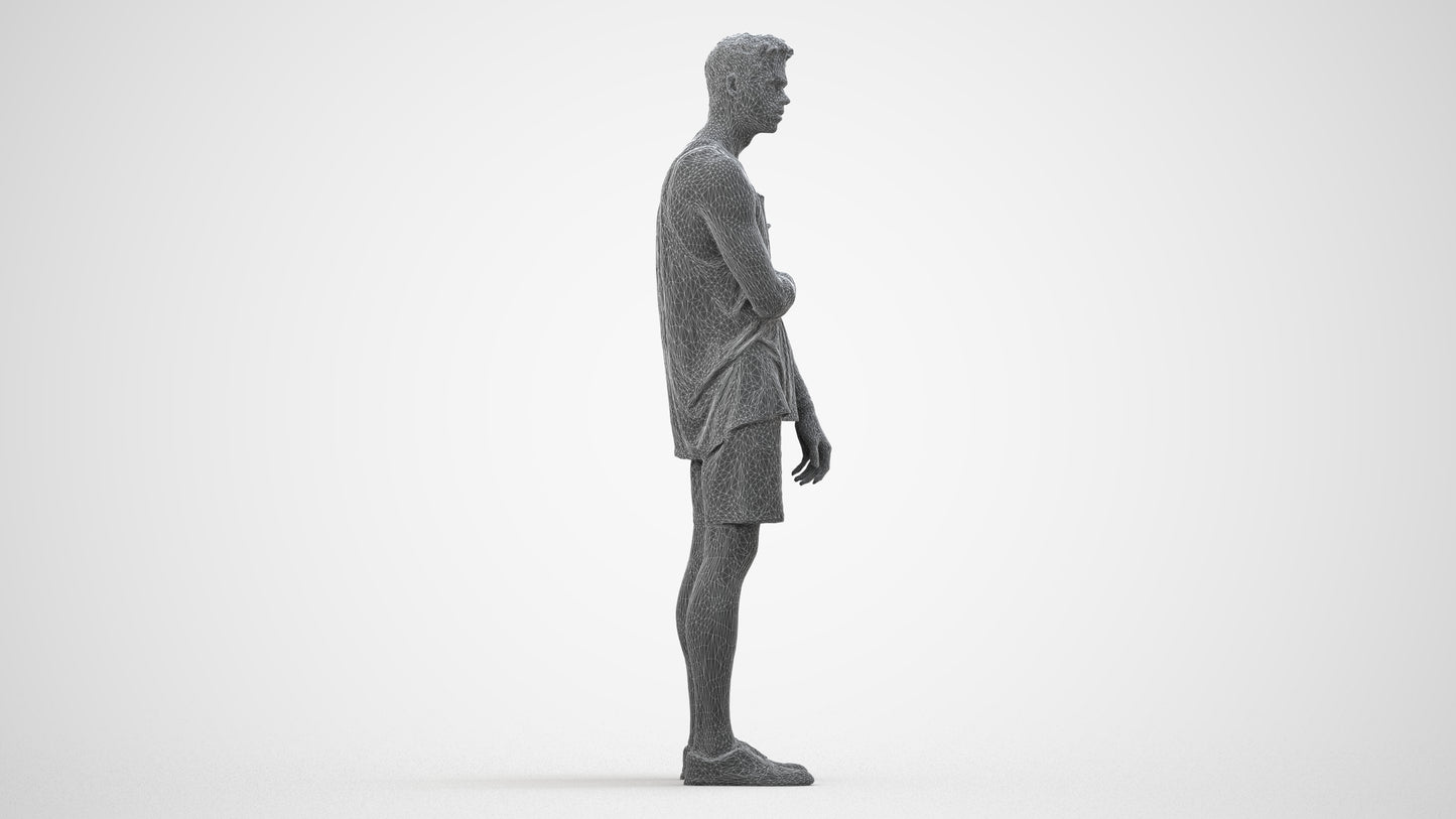 3D human model man casual standing, photogrammetry scanned person for archviz, wireframe side view