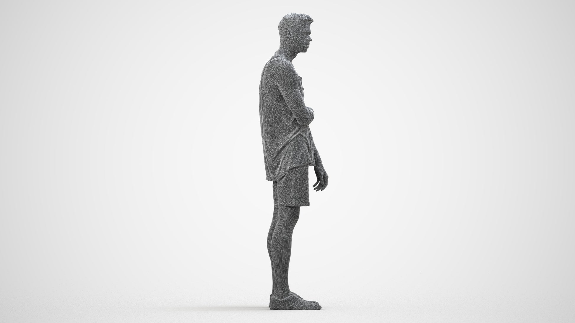3D human model man casual standing, photogrammetry scanned person for archviz, wireframe side view