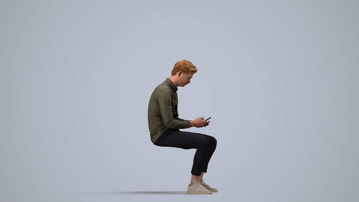 photogrammetry 3D man casual sitting, realistic human model archviz FBX, side view render