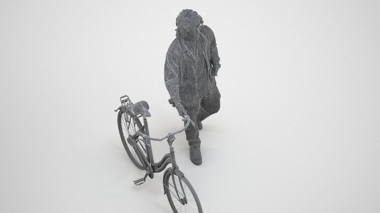 realistic 3D people man casual cycling, render-ready for V-Ray and Corona, FBX OBJ, wireframe three-quarter view