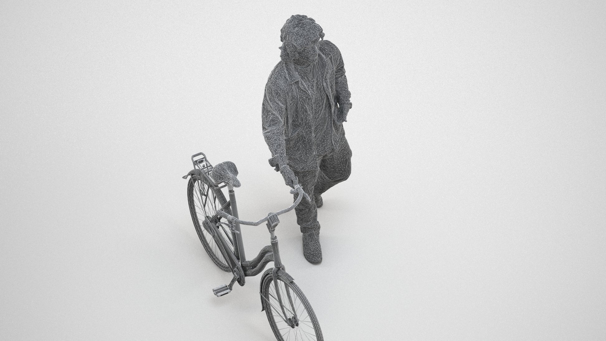 realistic 3D people man casual cycling, render-ready for V-Ray and Corona, FBX OBJ, wireframe three-quarter view