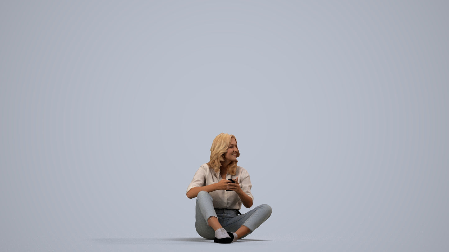 3D human model woman casual sitting, photogrammetry scanned person for archviz, side view render