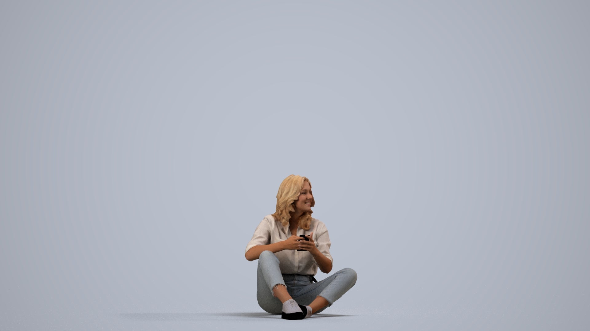 3D human model woman casual sitting, photogrammetry scanned person for archviz, side view render