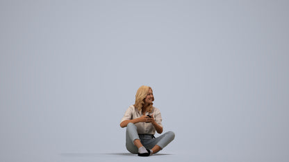 3D human model woman casual sitting, photogrammetry scanned person for archviz, side view render