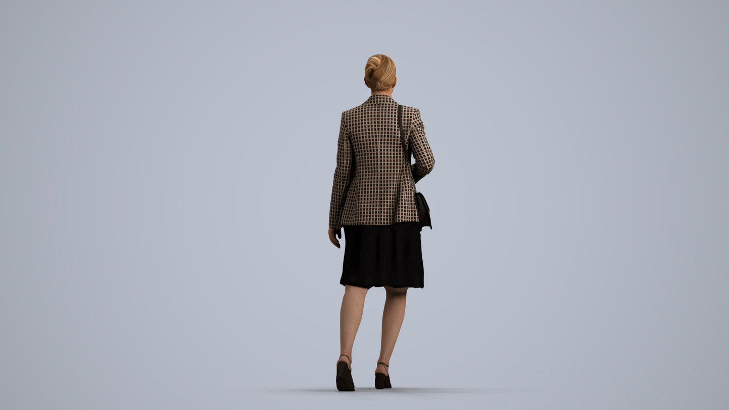 photogrammetry 3D woman business walking, realistic human model archviz FBX, front view render
