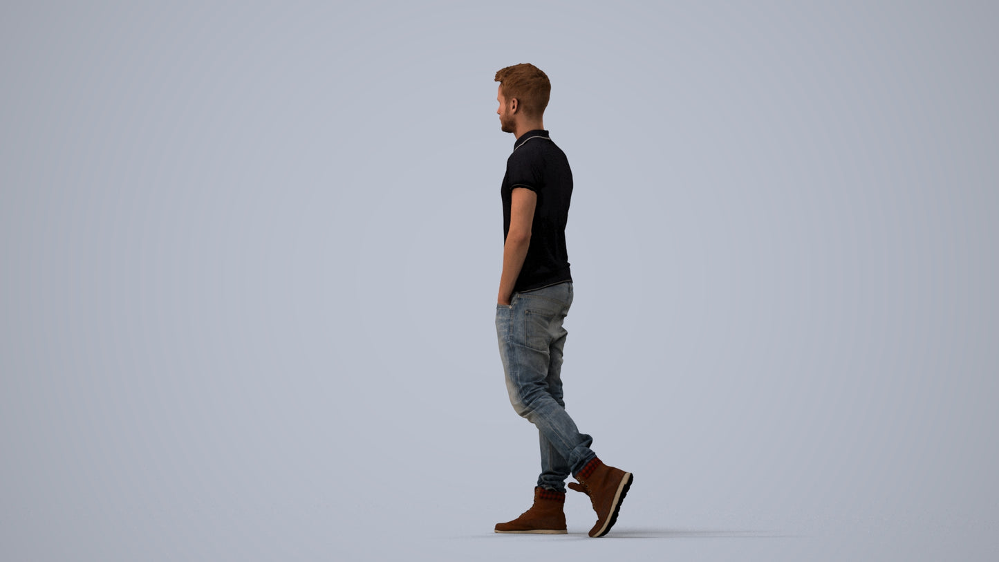 3D people model man casual walking, scanned human for 3ds Max rendering, three-quarter view render