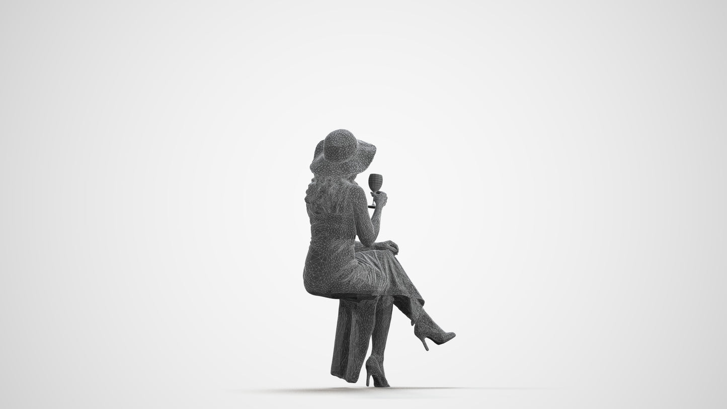 3D scanned woman sitting casual, photorealistic archviz people for Enscape and SketchUp, wireframe front view