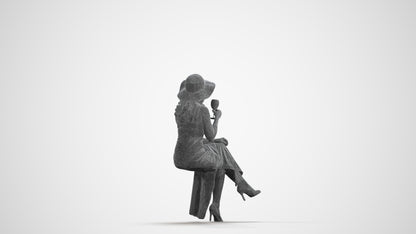 3D scanned woman sitting casual, photorealistic archviz people for Enscape and SketchUp, wireframe front view