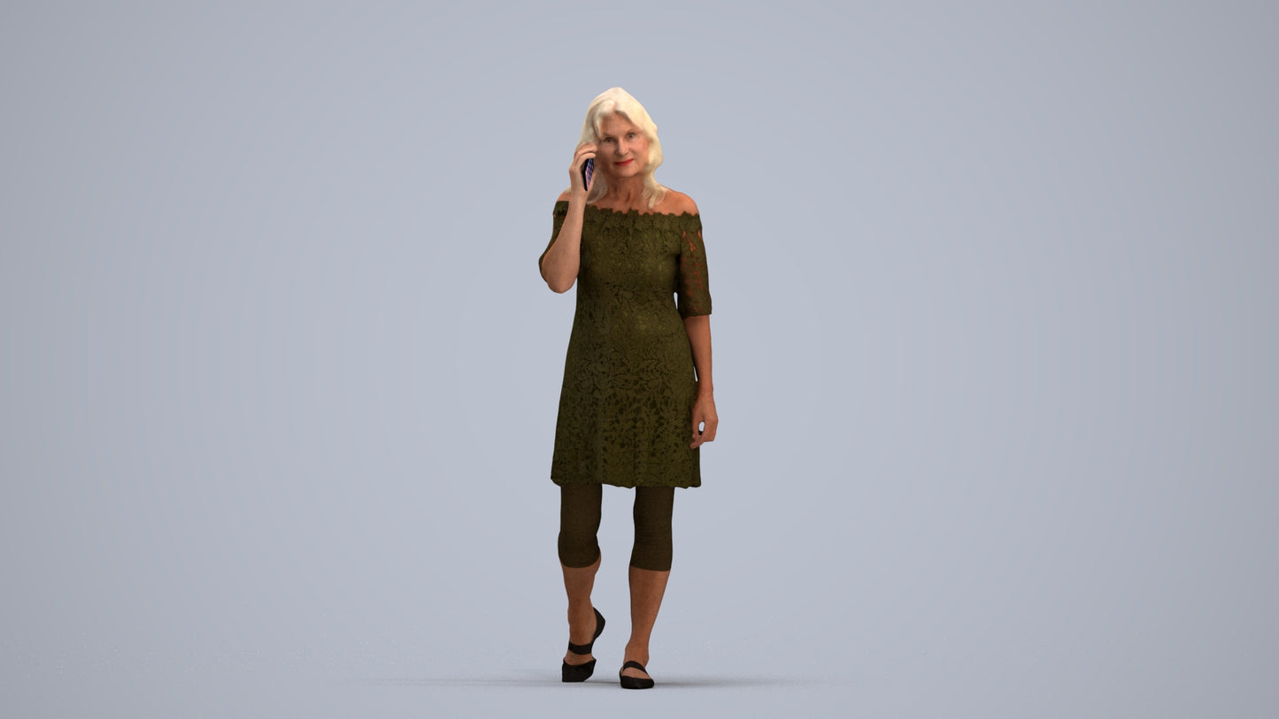 3D human model senior woman casual walking, photogrammetry scanned person for archviz, standing pose render