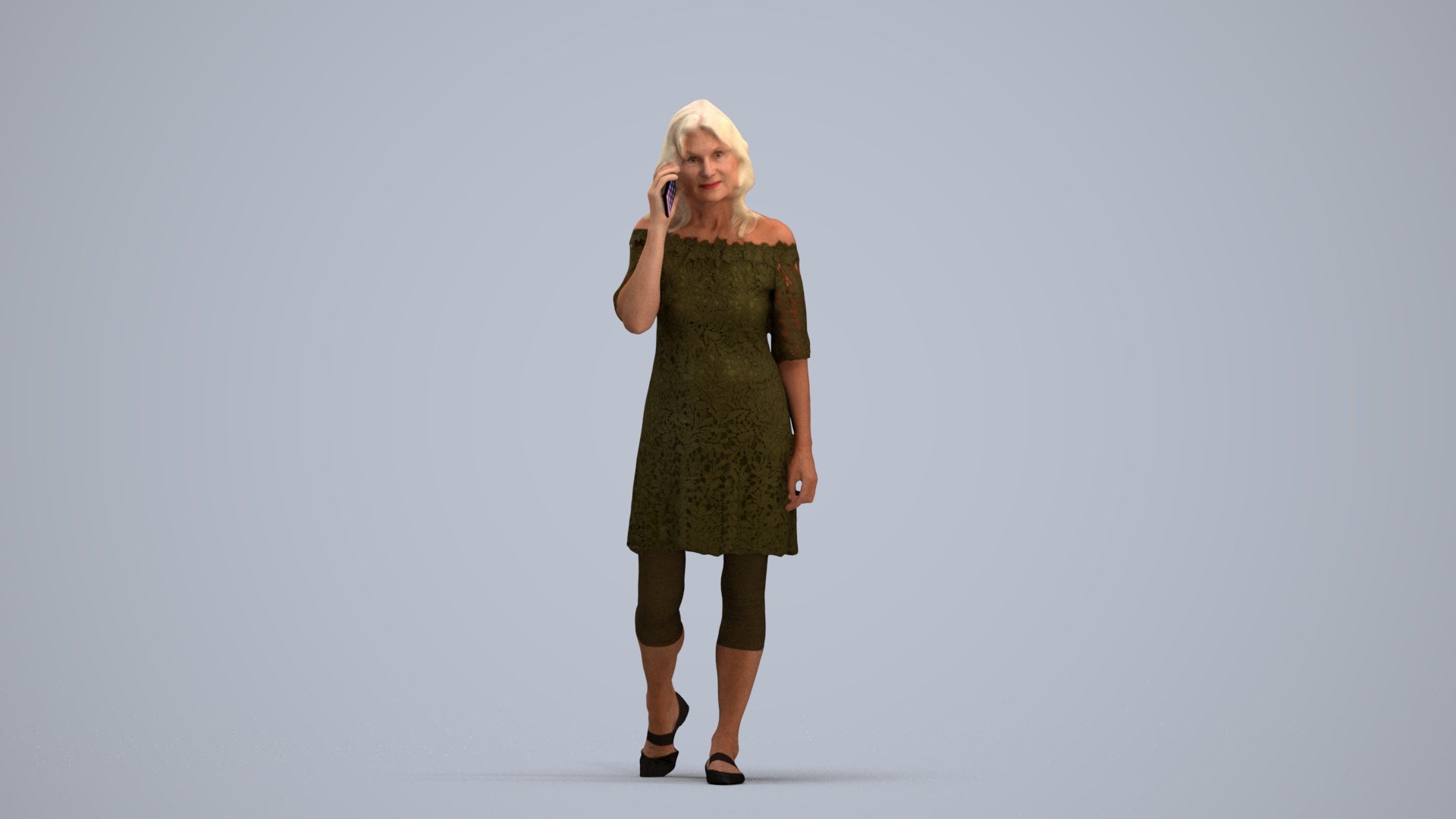 3D human model senior woman casual walking, photogrammetry scanned person for archviz, standing pose render