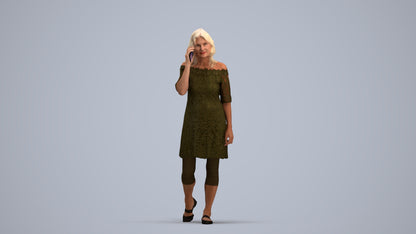 3D human model senior woman casual walking, photogrammetry scanned person for archviz, standing pose render