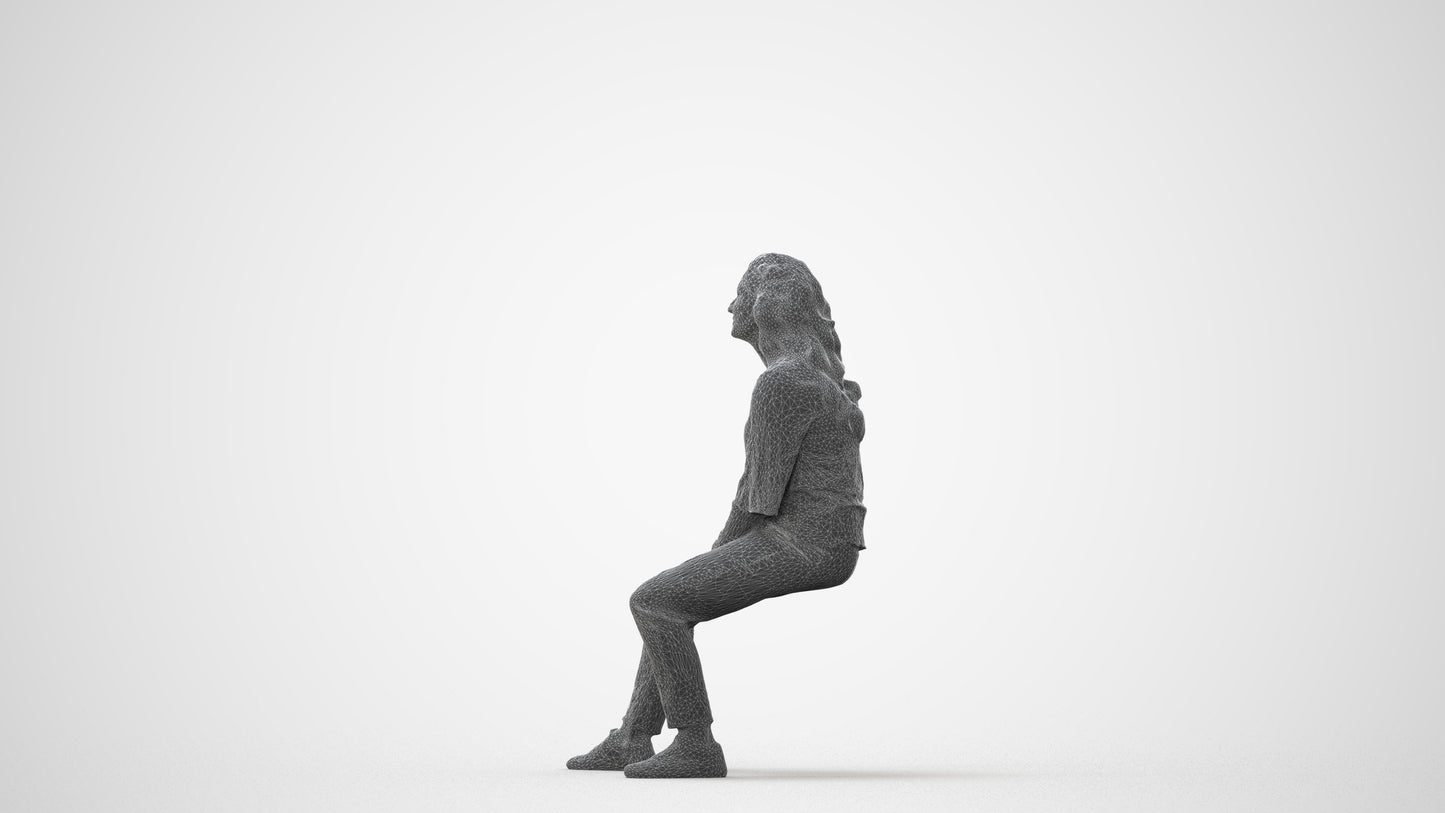 realistic 3D woman casual sitting, scanned archviz people for Blender and 3ds Max, square thumbnail