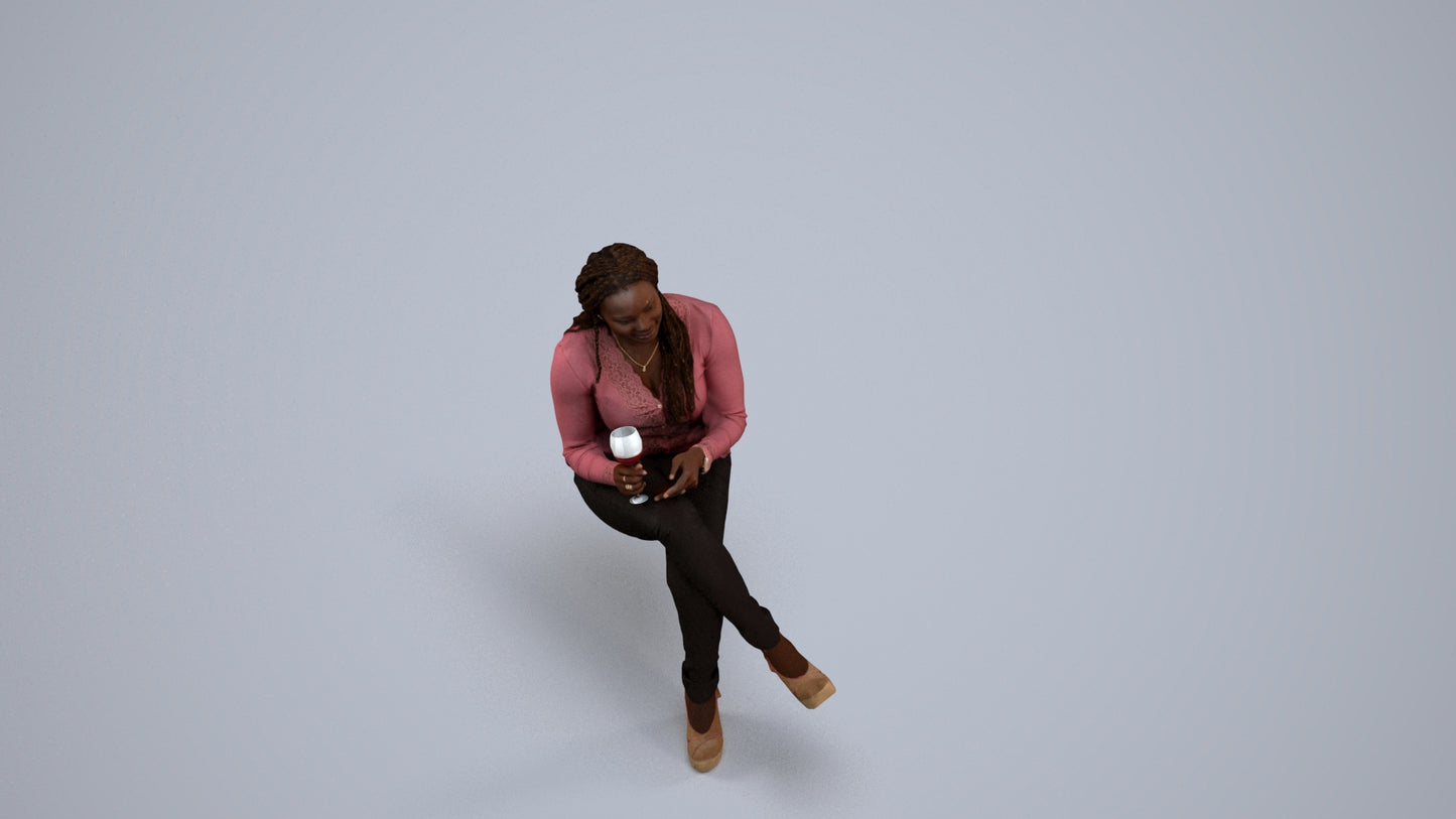 3D human model woman casual sitting, photogrammetry scanned person for archviz, back view render