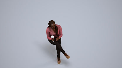 3D human model woman casual sitting, photogrammetry scanned person for archviz, back view render