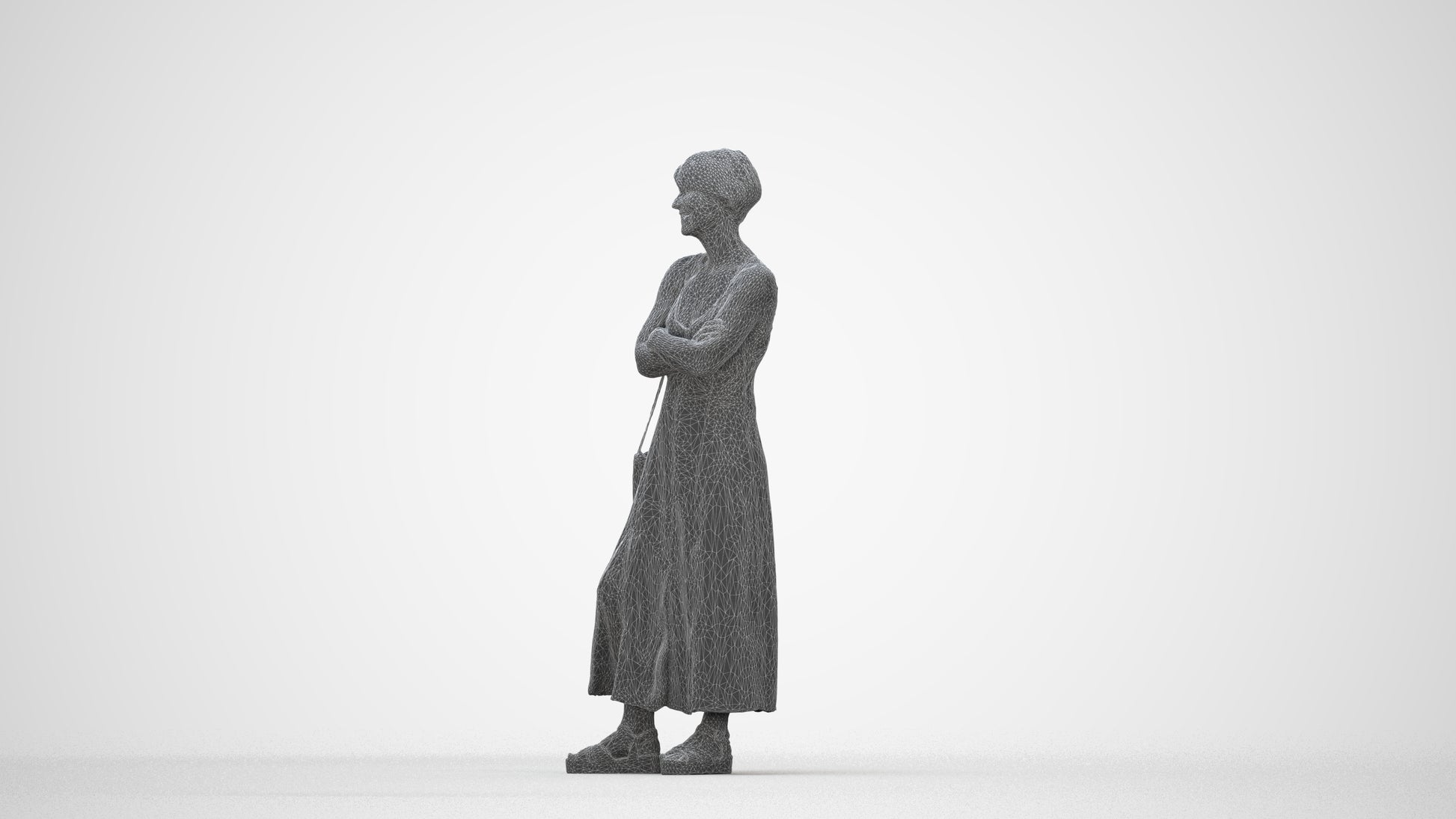 3D human model senior woman standing, photogrammetry scanned person for archviz, wireframe back view
