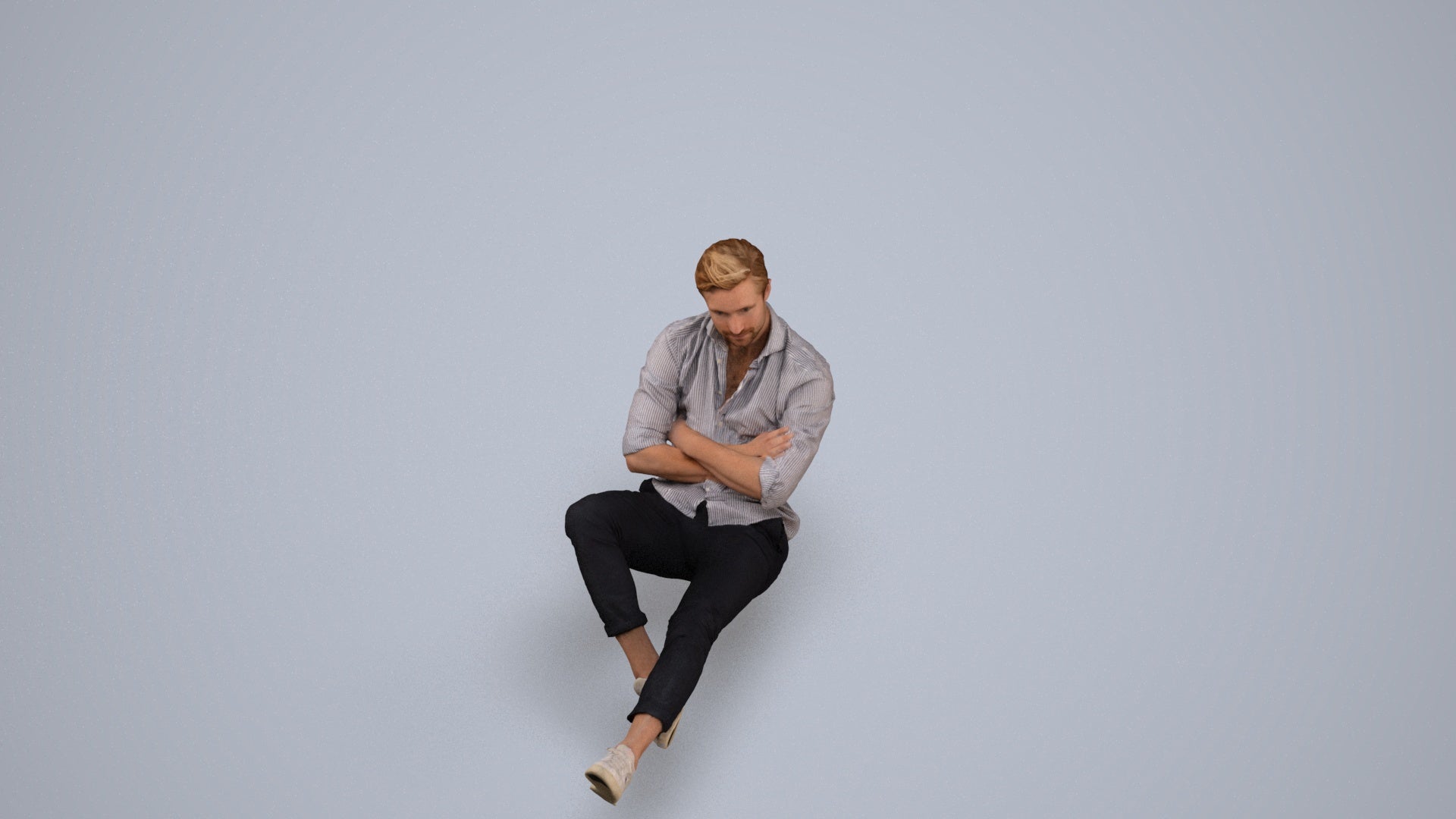 realistic 3D human man casual sitting, archviz people FBX OBJ for Blender, back view render