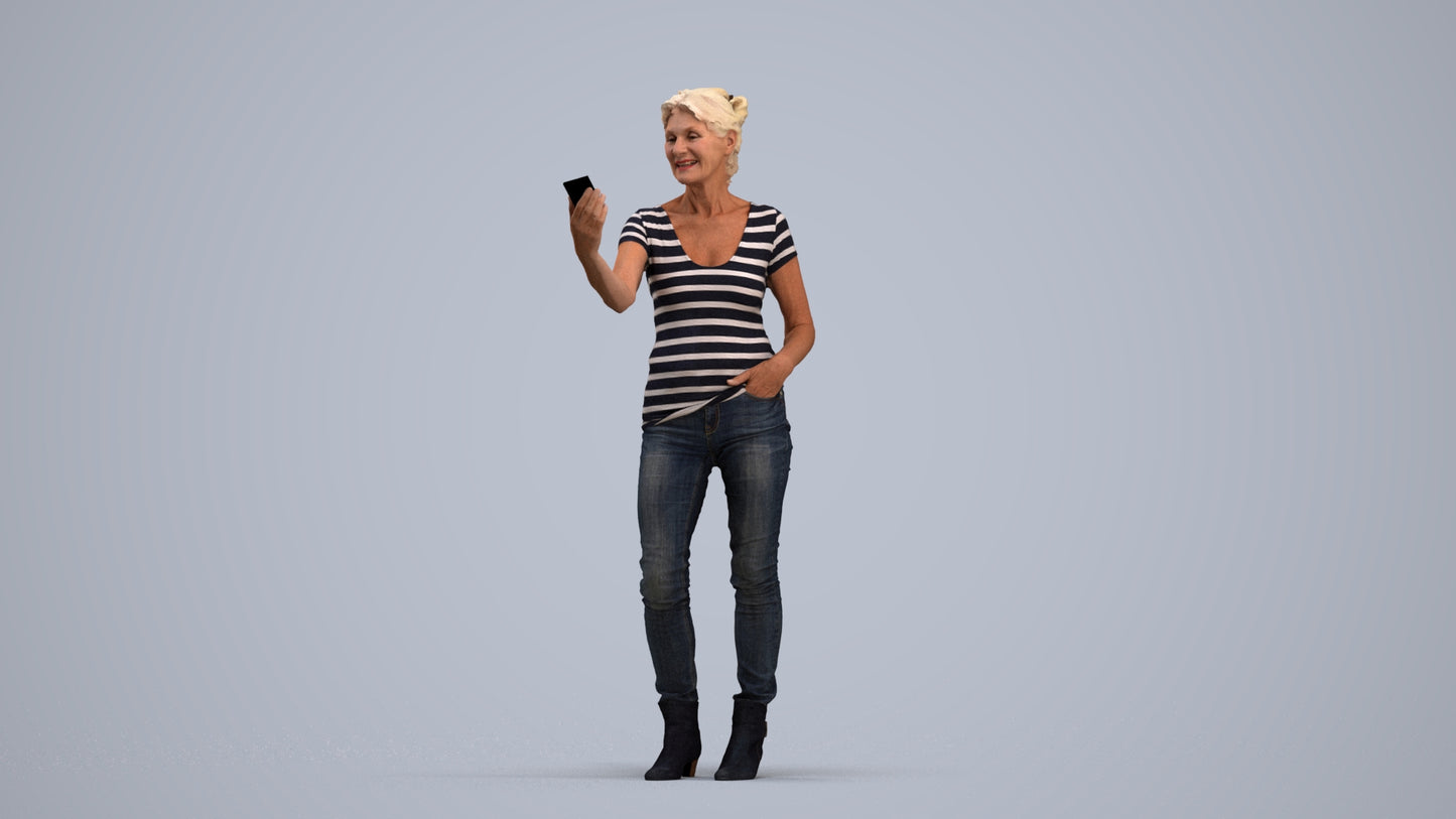 realistic 3D people senior woman casual standing, render-ready for V-Ray and Corona, FBX OBJ, standing pose render