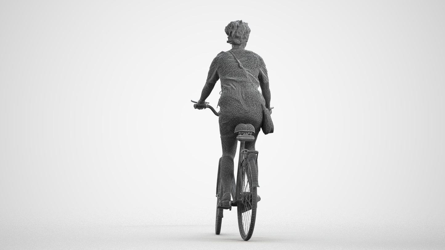 realistic 3D woman casual cycling, scanned archviz people for Blender and 3ds Max, wireframe front view