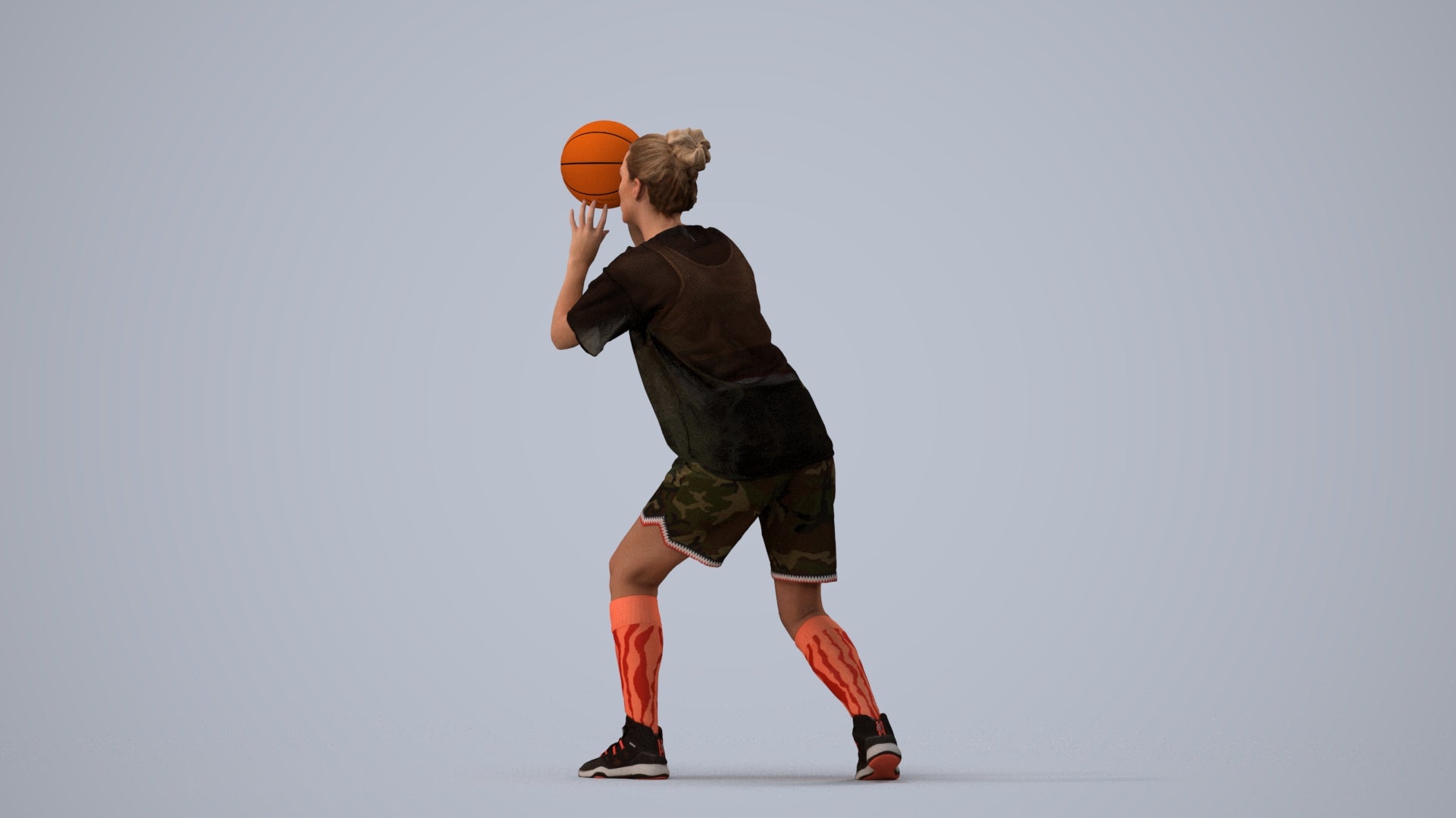 3D human model woman sport, photogrammetry scanned person for archviz, three-quarter view render