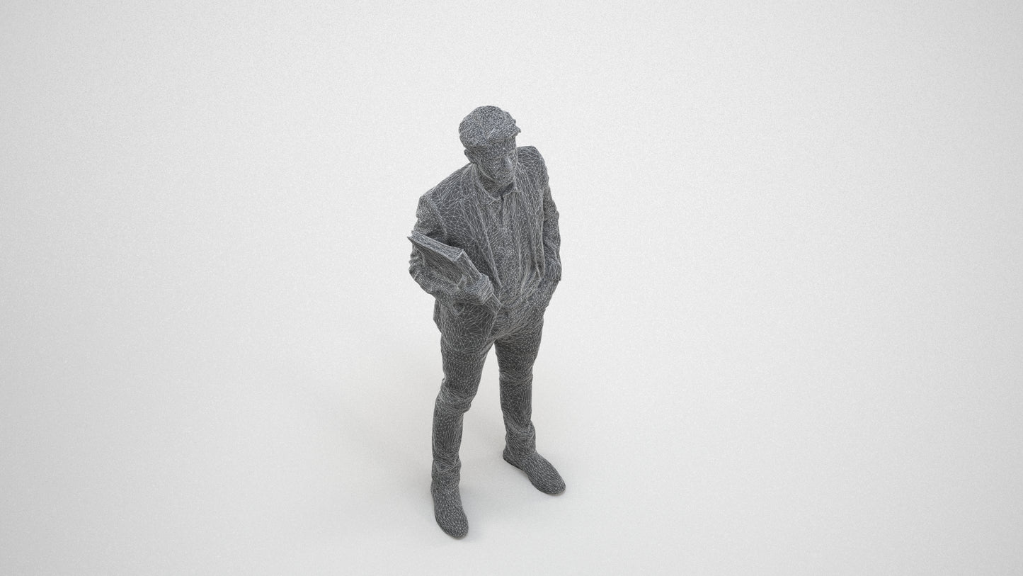 3D human model man business, photogrammetry scanned person for archviz, wireframe three-quarter view