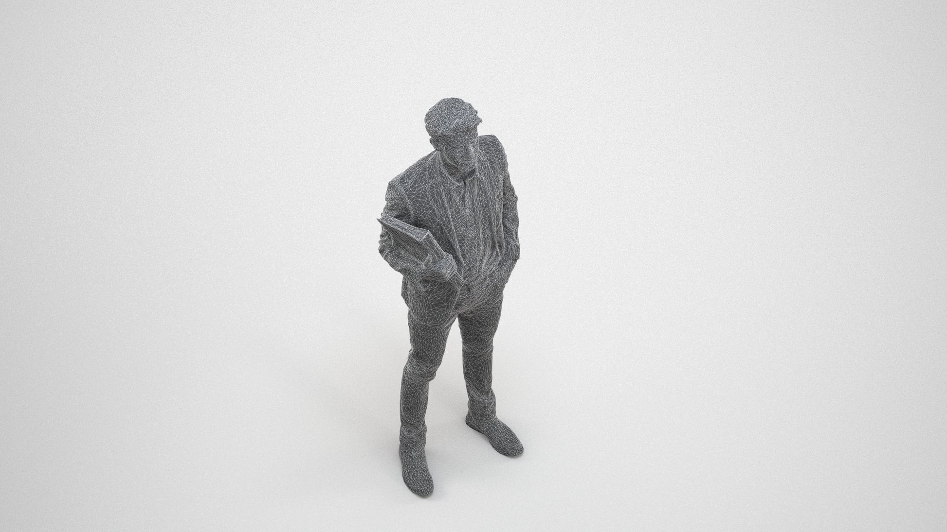 3D human model man business, photogrammetry scanned person for archviz, wireframe three-quarter view