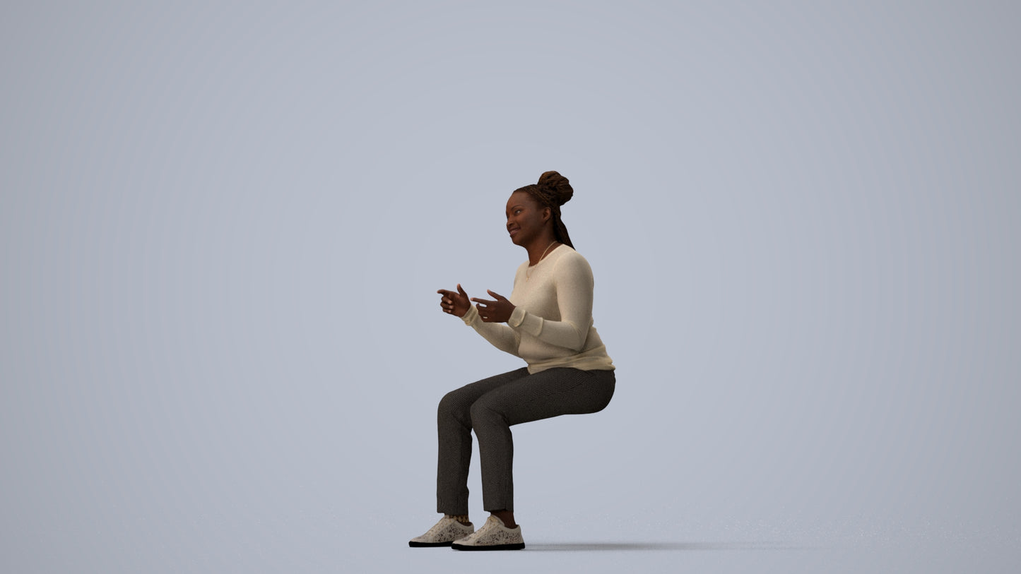 3D human model woman casual sitting, photogrammetry scanned person for archviz, three-quarter view render