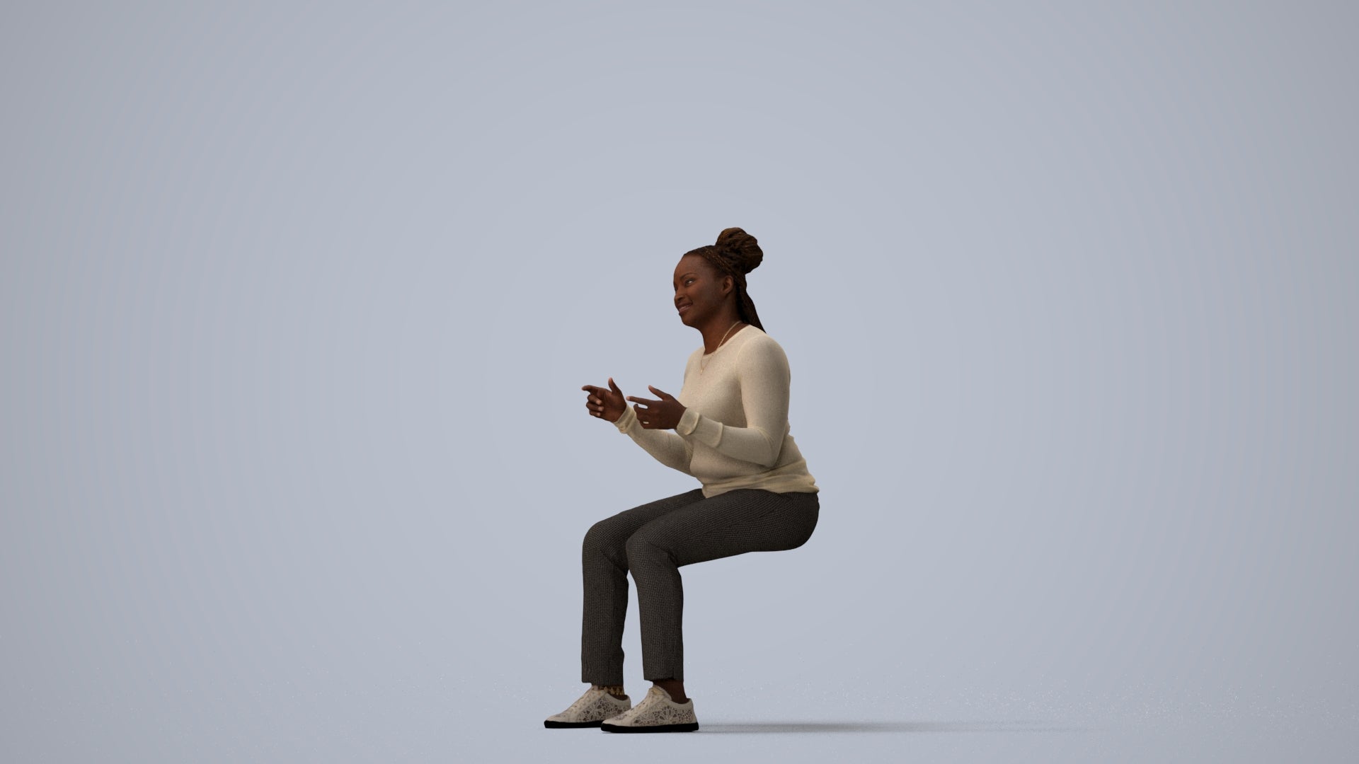 3D human model woman casual sitting, photogrammetry scanned person for archviz, three-quarter view render