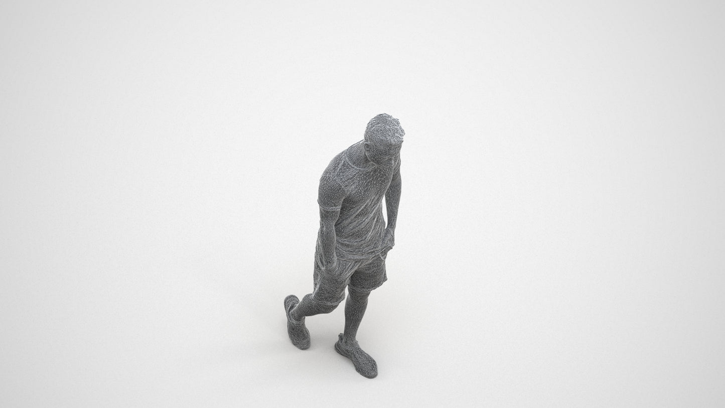 realistic 3D human man casual walking, archviz people FBX OBJ for Blender, wireframe three-quarter view
