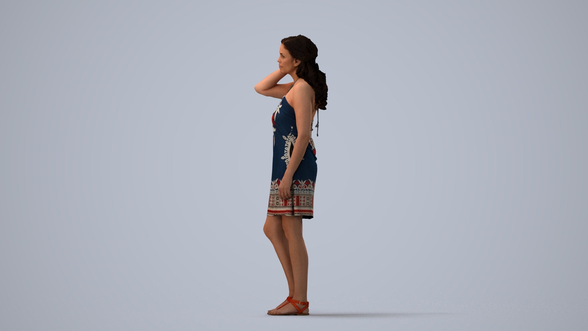 3D human model woman standing, photogrammetry scanned person for archviz, three-quarter view render