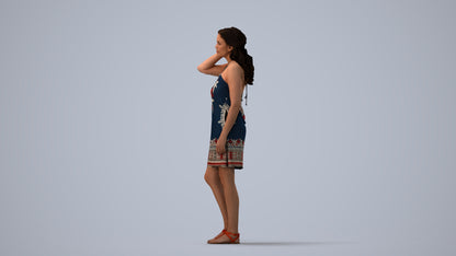 3D human model woman standing, photogrammetry scanned person for archviz, three-quarter view render