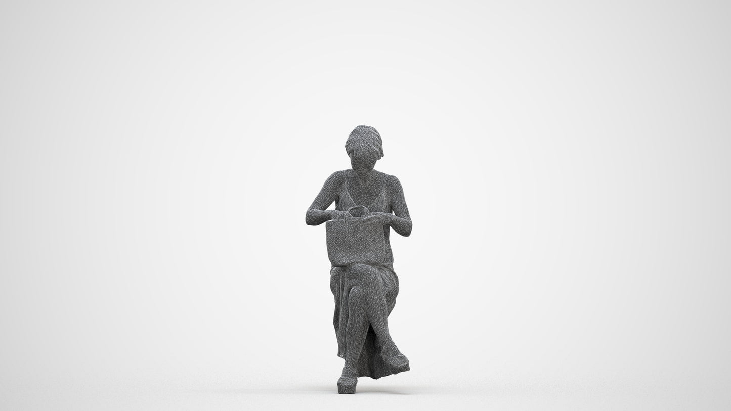 3D human model senior woman sitting, photogrammetry scanned person for archviz, three-quarter front view render