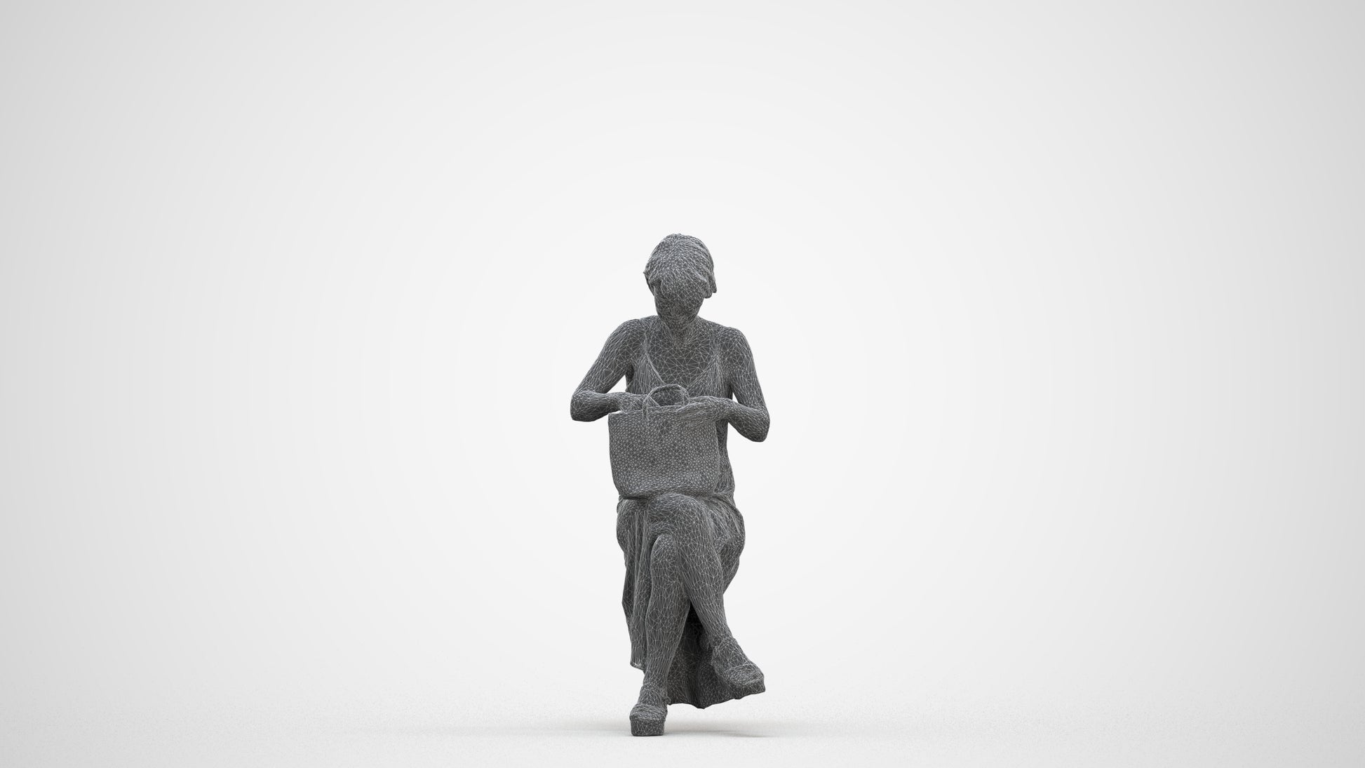 3D human model senior woman sitting, photogrammetry scanned person for archviz, three-quarter front view render