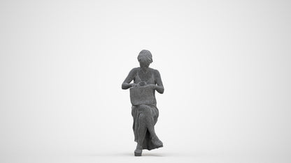 3D human model senior woman sitting, photogrammetry scanned person for archviz, three-quarter front view render