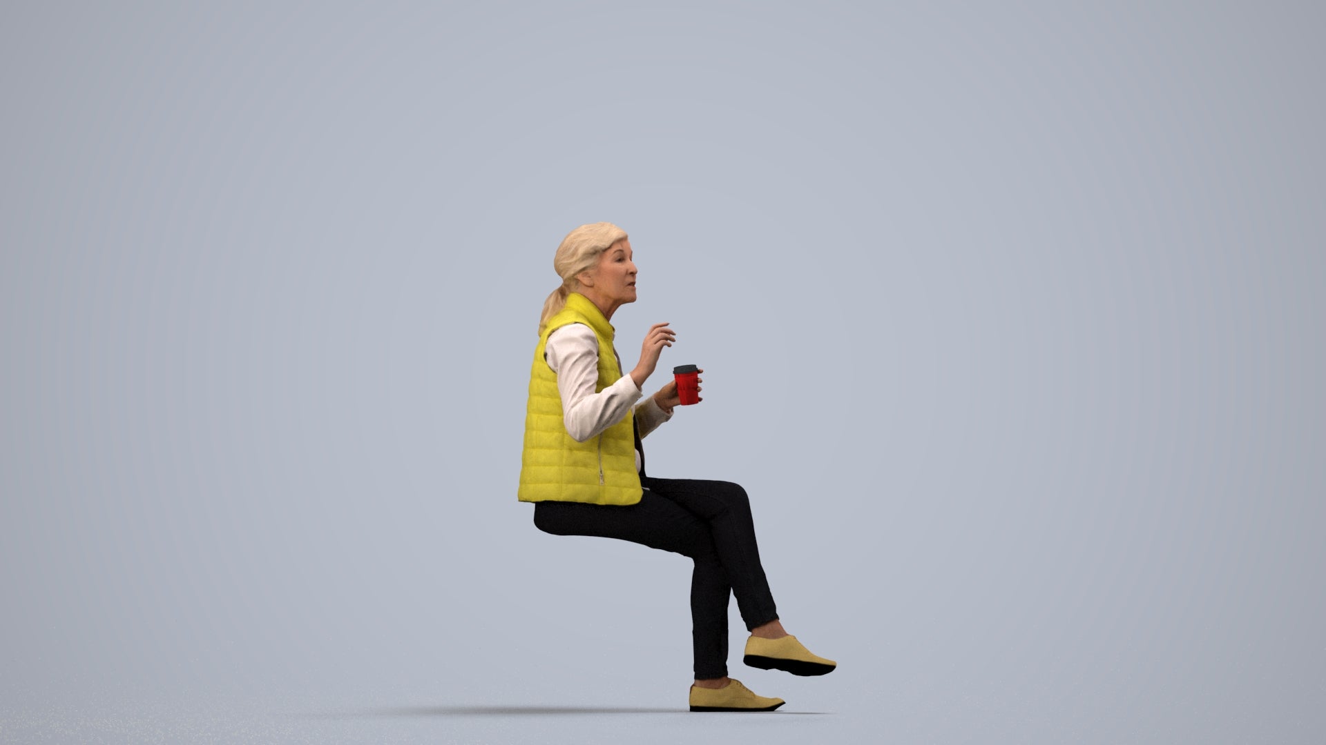 realistic 3D people senior woman casual sitting, render-ready for V-Ray and Corona, FBX OBJ, side view render