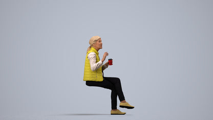 realistic 3D people senior woman casual sitting, render-ready for V-Ray and Corona, FBX OBJ, side view render