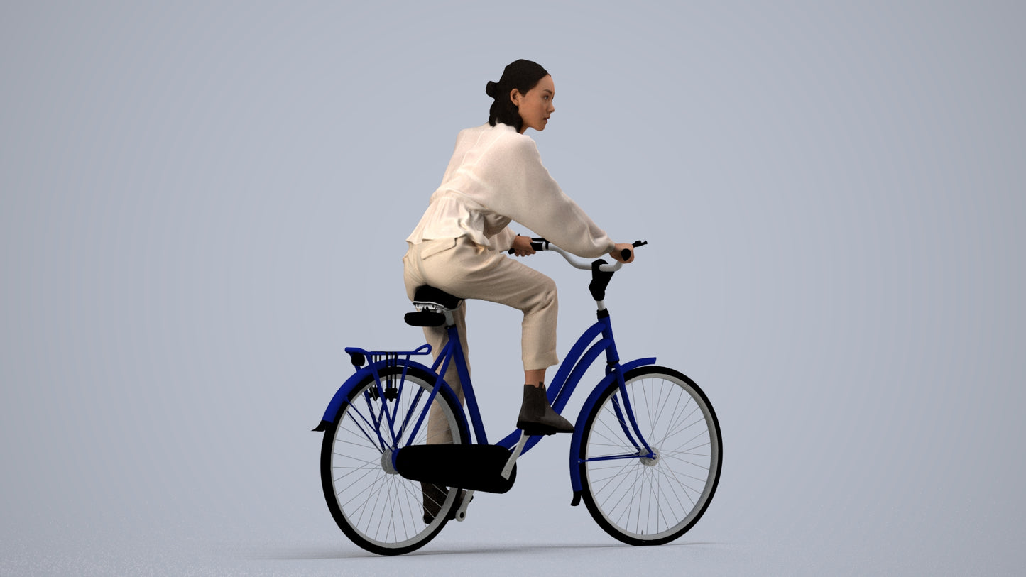 3D human model woman casual cycling, photogrammetry scanned person for archviz, side view render