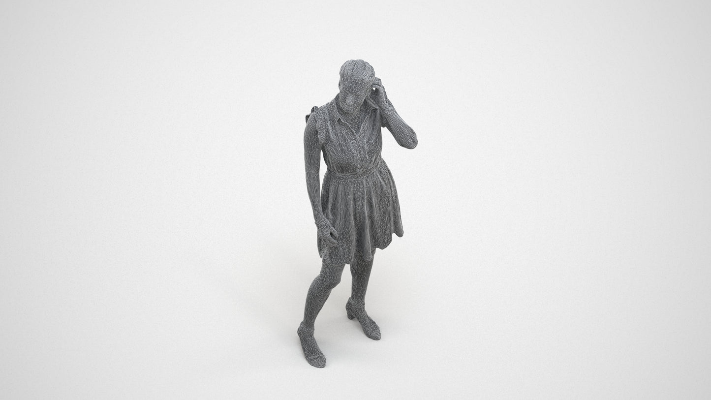 realistic 3D human woman casual standing, archviz people FBX OBJ for Blender, wireframe three-quarter view