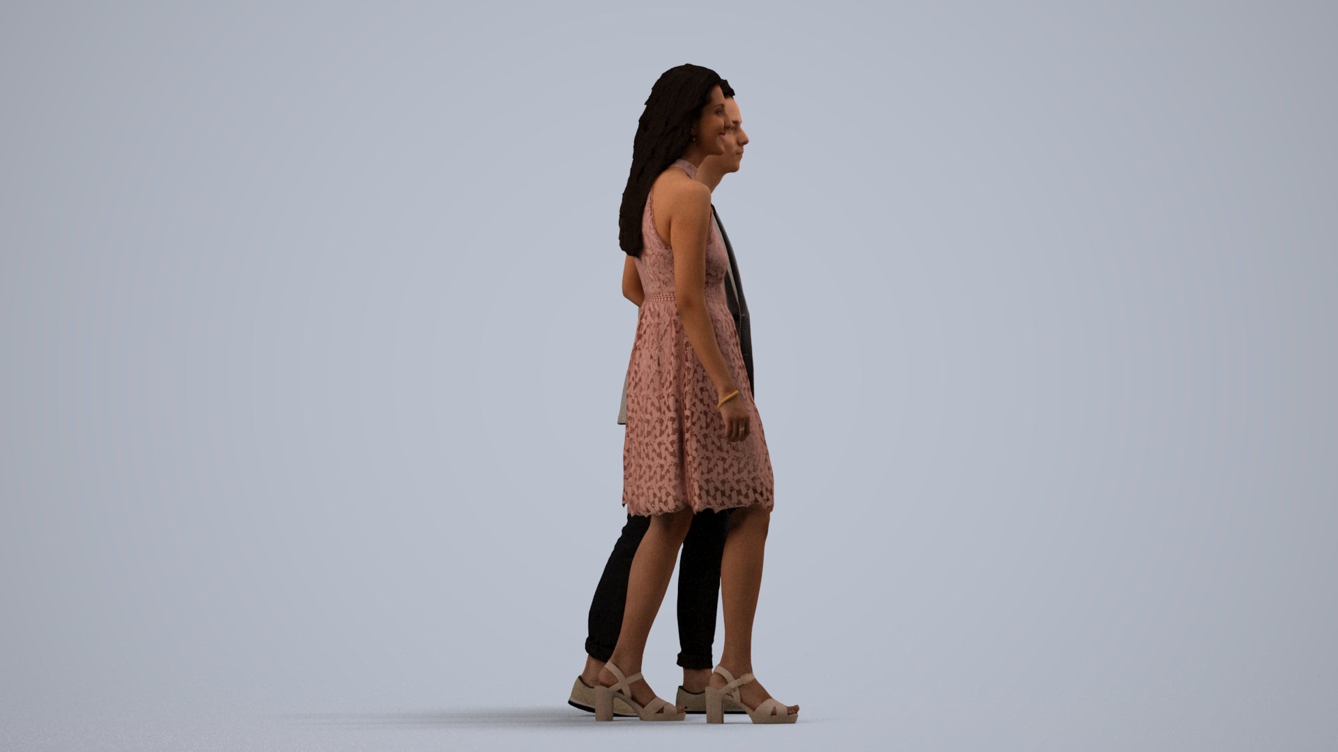 realistic 3D people woman formal couple, render-ready for V-Ray and Corona, FBX OBJ, side view render
