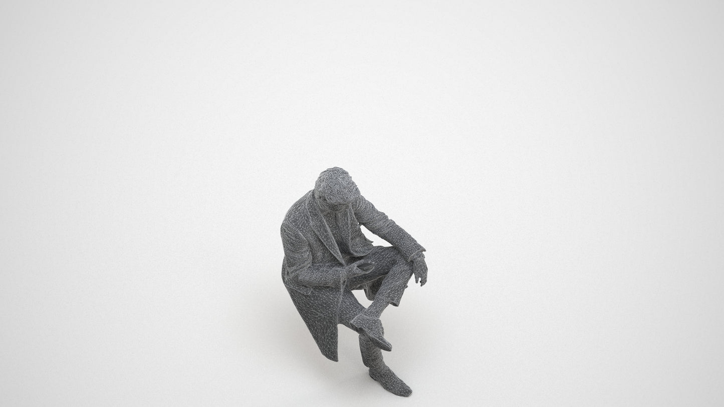 3D people model man business sitting, scanned human for 3ds Max rendering, wireframe three-quarter view