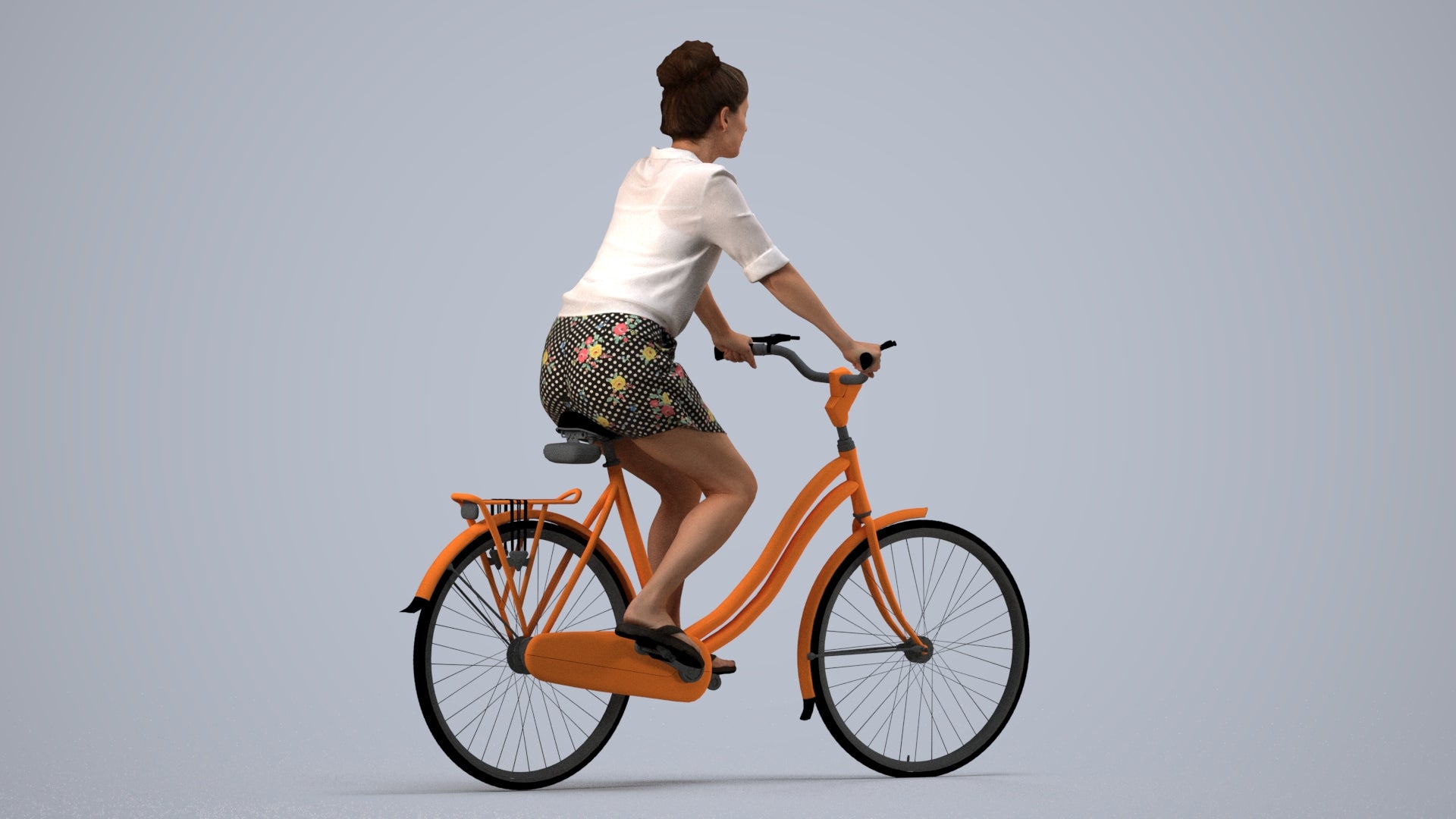 realistic 3D human woman casual cycling, archviz people FBX OBJ for Blender, side view render