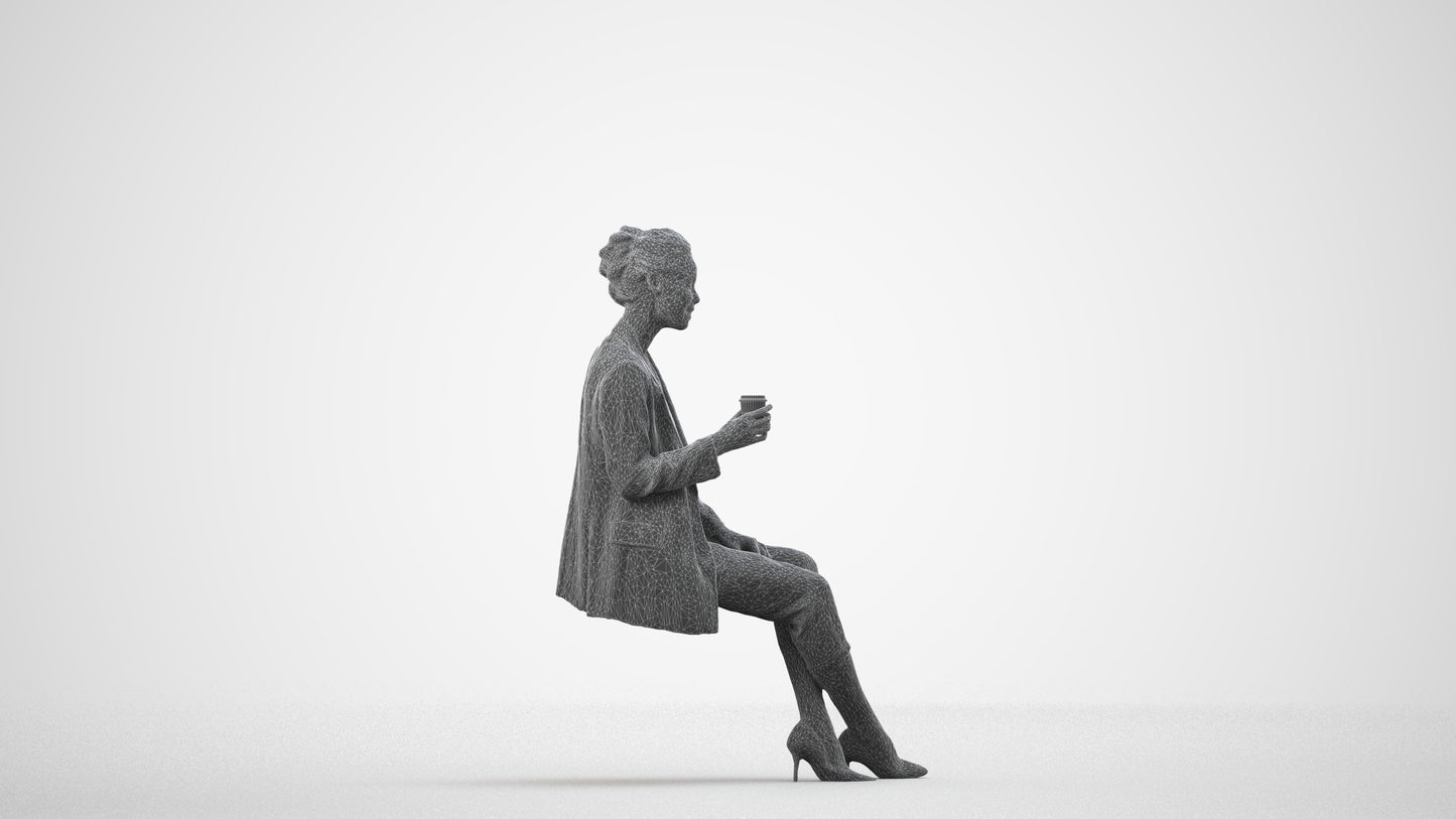 3D scanned woman sitting business, photorealistic archviz people for Enscape and SketchUp, wireframe side view