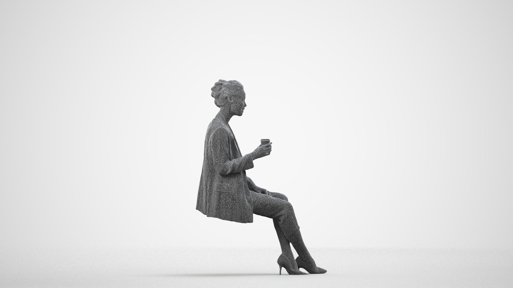 3D scanned woman sitting business, photorealistic archviz people for Enscape and SketchUp, wireframe side view