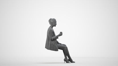 3D scanned woman sitting business, photorealistic archviz people for Enscape and SketchUp, wireframe side view